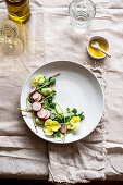 Vegetarischer Kräuter-Radieschen-Salat garniert mit Blüten