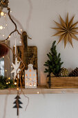 Christmas decorations on a wooden shelf