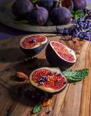Figs with lavender flowers and honey