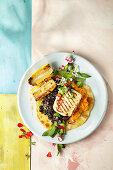 Pumpkin tostadas with beans and roasted halloumi