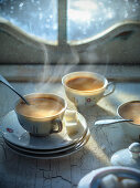 Steaming cups of coffee in front of a window