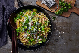 Spaghetti with Brussels sprouts, bacon, parmesan, and parsley