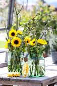 Sunflowers with poppy pods, ornamental apples, green hydrangeas, and Japanese knotweed sticks