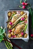 Stuffed chicken breast with asparagus and potatoes
