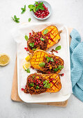 Stuffed butternut squash with Moroccan spiced ground lamb
