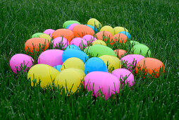 Colorful Plastic Easter Eggs on Green Grass