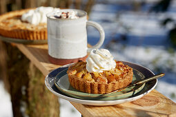 Apple tartelette with cream served with a cup of cocoa in a wintery garden