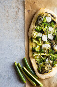 Zucchini pizza with broccoli and mozzarella