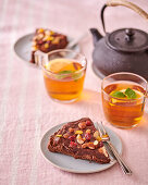 Chocolate cake with almonds, served with tea