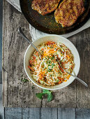 Kohlrabi and pear coleslaw with pork steaks