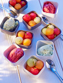 Berry and pistachio sorbet with melon salad
