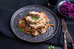 Vegan bread dumplings on a mushroom ragu of herb mushrooms, oyster mushrooms, and mushrooms