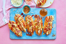 Hot Dogs with cheese, cucumber mustard sauce, and crispy onions