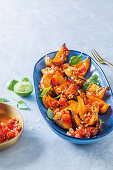 Roasted sunshine on a plate pumpkin with smoky chilli tomato salsa