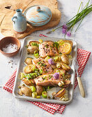 Oven roasted salmon with cream, leek, and potatoes