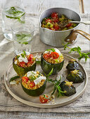 Grilled zucchini stuffed with bulgur and goat cheese