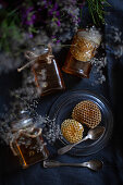 Honeycombs and honey in jars