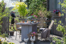 Gedeckter Gartentisch mit Osterdekoration, Osternest mit Eiern und Blumentöpfen