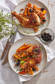 Spicy roasted chicken with chickpeas and sweet potatoes