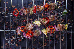Grilled meat skewers with peppers on a grill rack