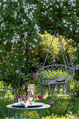 Hängestuhl aus Makramee unter blühender Kletterrose im sommerlichen Garten