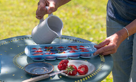 Eiswürfel mit Erdbeeren und Rosmarin