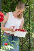 Frau mit frischen Erdbeeren in Schale unter Rosenbogen im sommerlichen Garten