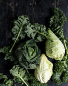 Fresh savoy cabbage, kale and pointed cabbage