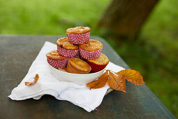 Muffins in a bowl on an autumn table outside