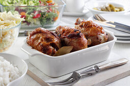Roasted turkey legs with assorted side dishes