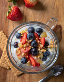 Blueberries, strawberries, ginger chunks, peanuts and yogurt with graham crackers