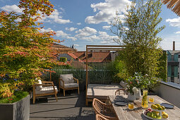 Langer Holztisch mit Obst und Erfrischugnsgetränk, Rattanstühle und Daybed auf der Dachterrasse