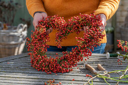 Heart of rose hips on a bent wire wreath blank