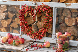 Rosehip heart hung on old window frame