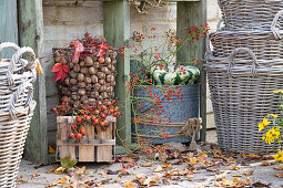Willow baskets and basket with walnuts on an autumn terrace