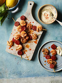 Prawn and chorizo kebabs with tahini mayonnaise