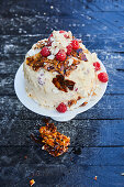 Raspberry and vanilla ice cream cake with almond brittle