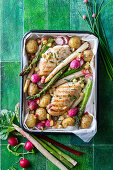 Oven-baked chicken breast with potatoes and vegetables
