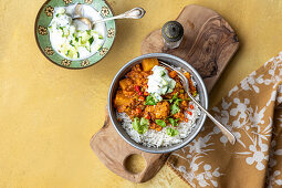 Blumenkohl-Kartoffel-Curry mit Naturjoghurt und Reis