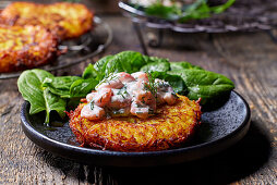 Potato pancakes with crab mayonnaise