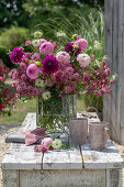 Bouquet of dahlias, starflower, maiden of the field