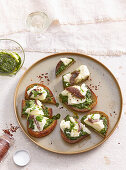 Pesto crostini with anchovies and mozzarella