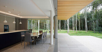 Dining and kitchen area with open sliding doors (inside and outside)