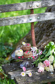 Mini bundt cakes and bouquet of tulips on garden bench