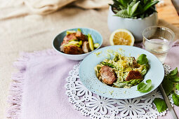 Pork tenderloin with asparagus and ribbon noodles