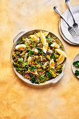 Kedgeree with sardines and boiled eggs