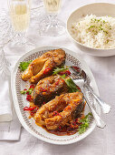 Caramelized carp with coconut milk and rice