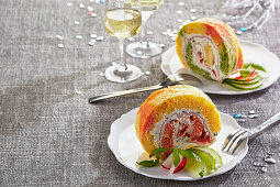 Colorful cream cheese roll with ham