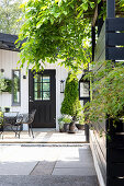 Terrace with seating and green plants in front of entrance area