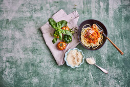 Spaghetti with vegetable bolognese and parmesan cheese